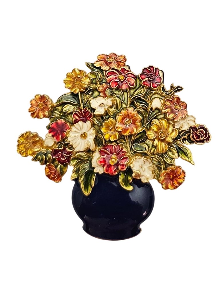 Mfa Vase Of Flowers Brooch, Multi-Colored Enamel Bouquet Pin Signed J790